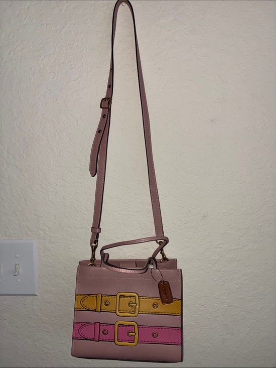 Coach Handbags - Coach Pink Leather Crossbody with Yellow & Pink Belt Detail